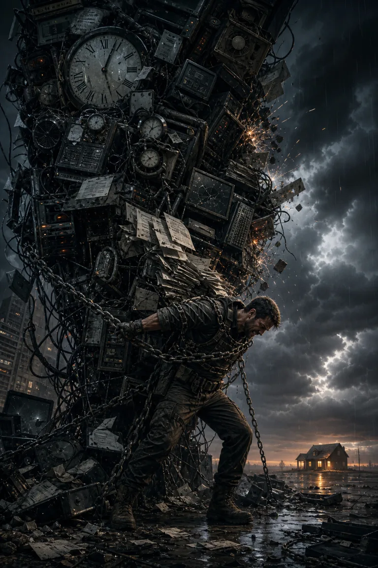 A figure chained to a technological machine